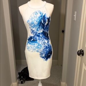 Guess Sleeveless Fitted White Dress with Blue Floral Design